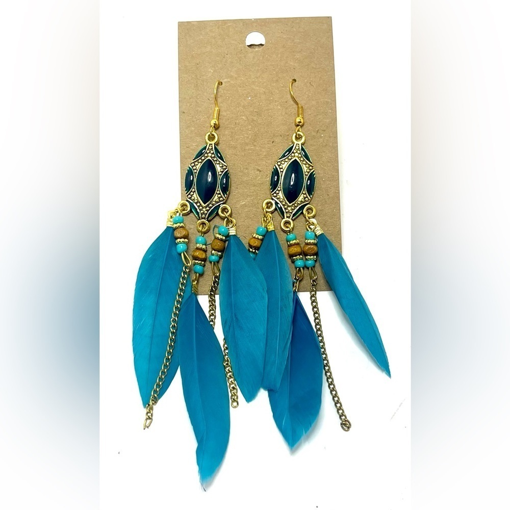 NEW! Y2K Boho Feather Dangle Earrings with Chains, Beads, and Enamel Details - Picture 1 of 3